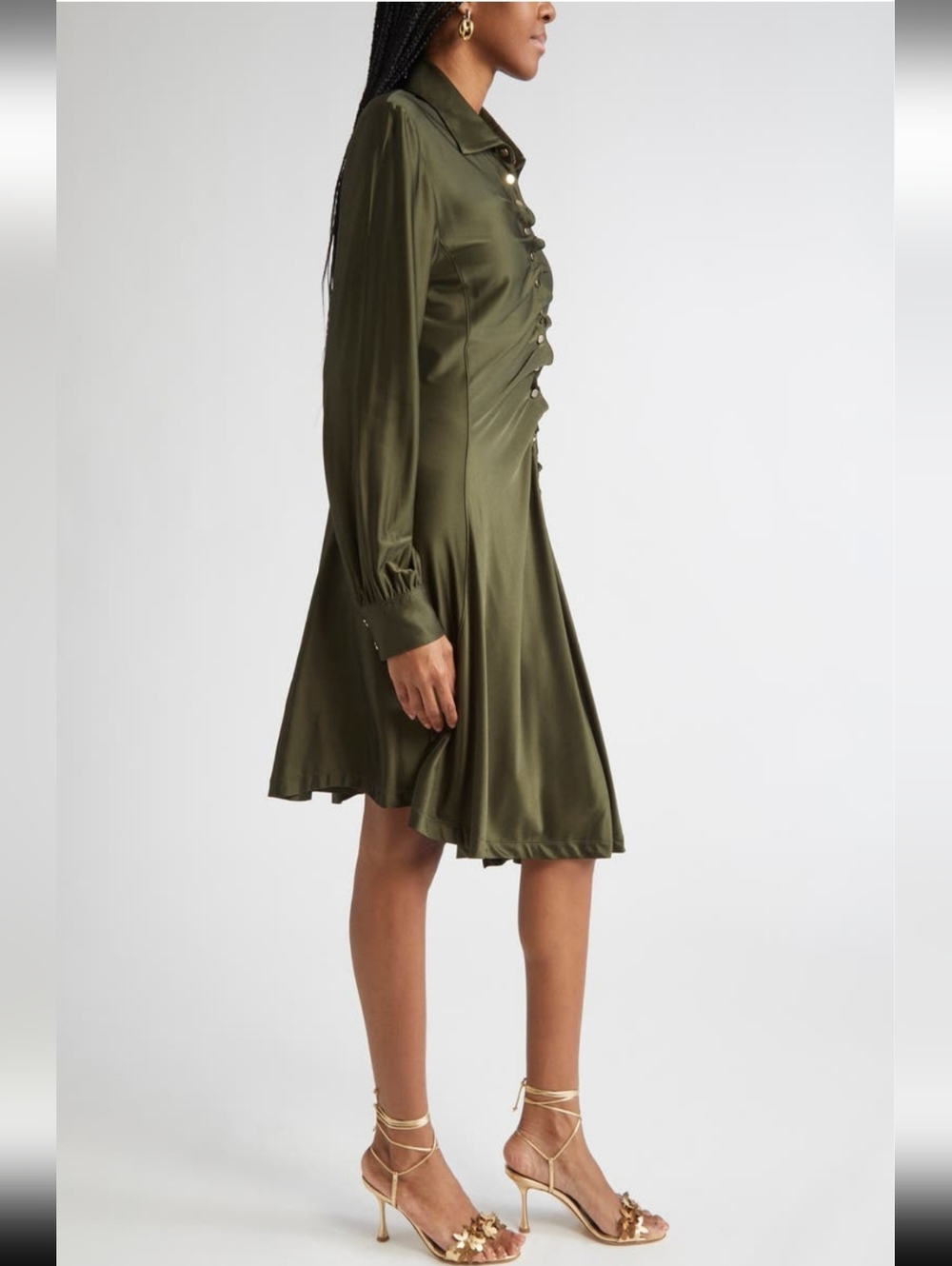 ✨️ Rabanne Button Embellished Draped Olive Green Long Sleeve Shirt Dress - Picture 5 of 15